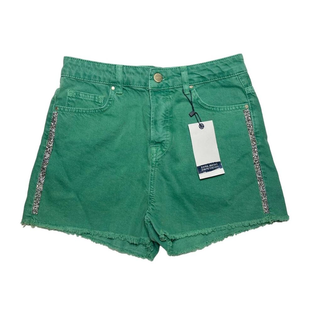 Zara Embellished Studded Green Basic Z1975 Denim Shorts Size 4